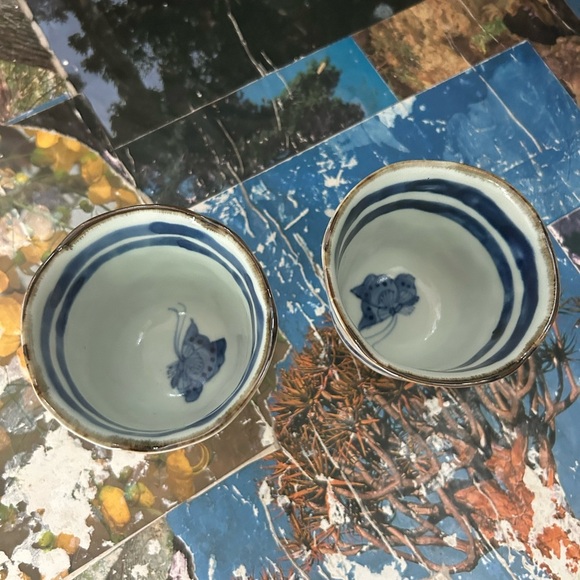 Vintage Japanese Yunomi Tea Cups Pair Stoneware Striped 3" Handmade Pottery - Picture 14 of 16